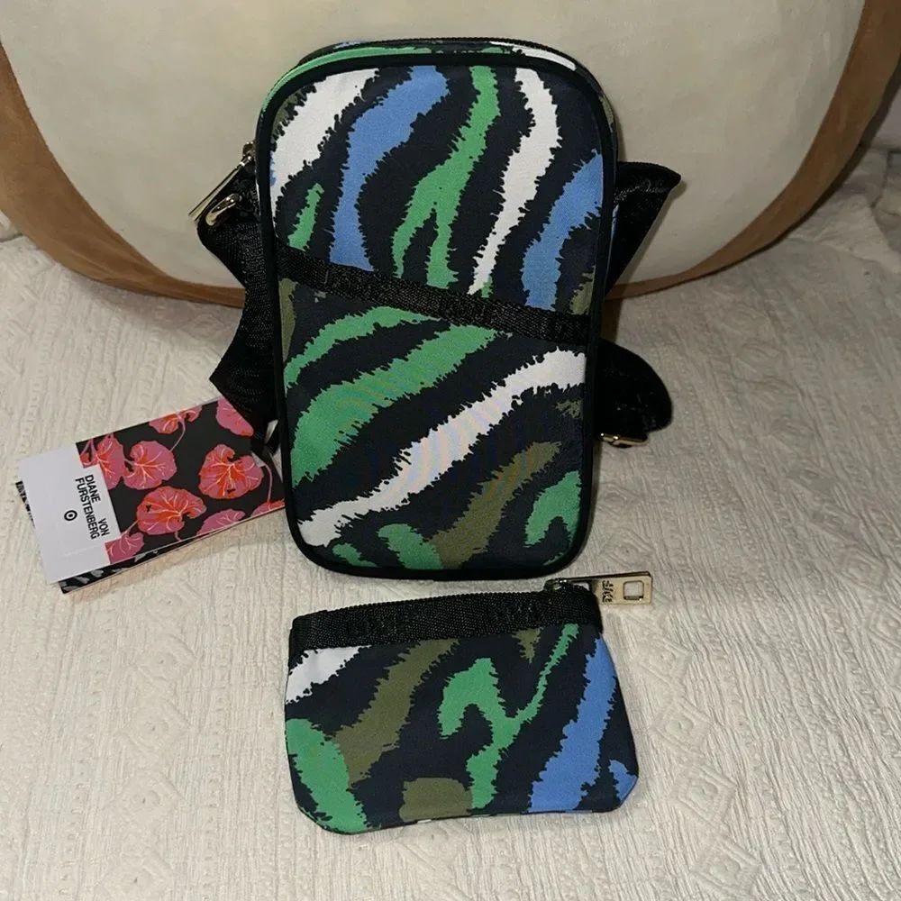 DVF x Target Black Green White Disco Zebra Nylon Small Crossbody Bag Wallet Set